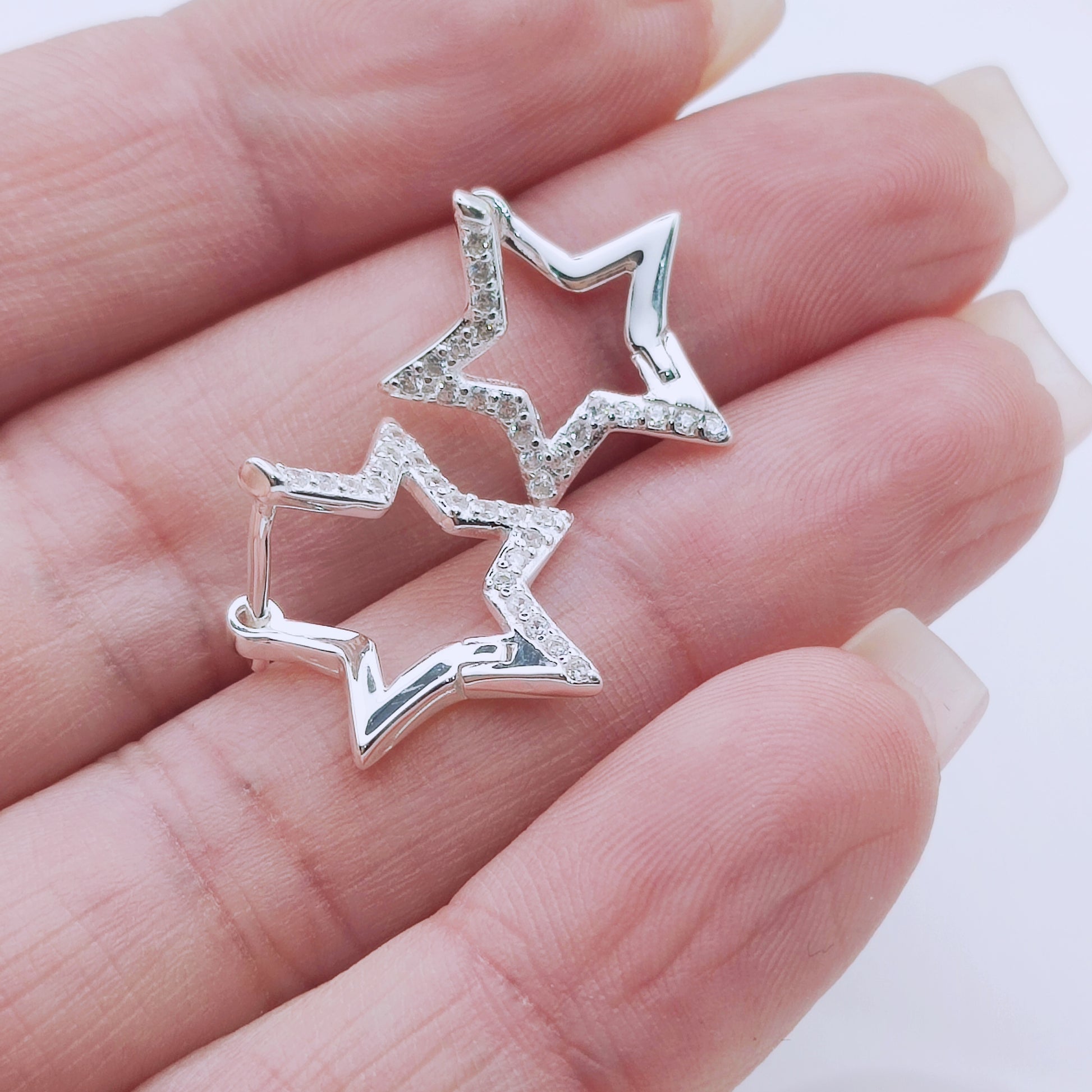 925 Sterling Silver Star Huggies Hoop Earrings With Cubic Zirconia - Mia Ishaaq