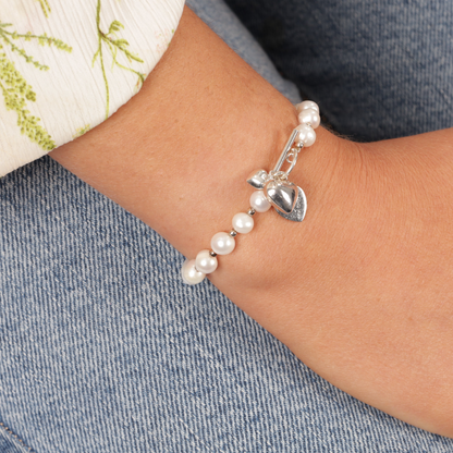 sterling silver luxury freshwater pearl t-bar fastening heart charm bracelet - Mia Ishaaq