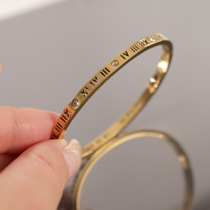 18k gold plated stainless steel roman letter numeral bangle bracelet - Mia Ishaaq