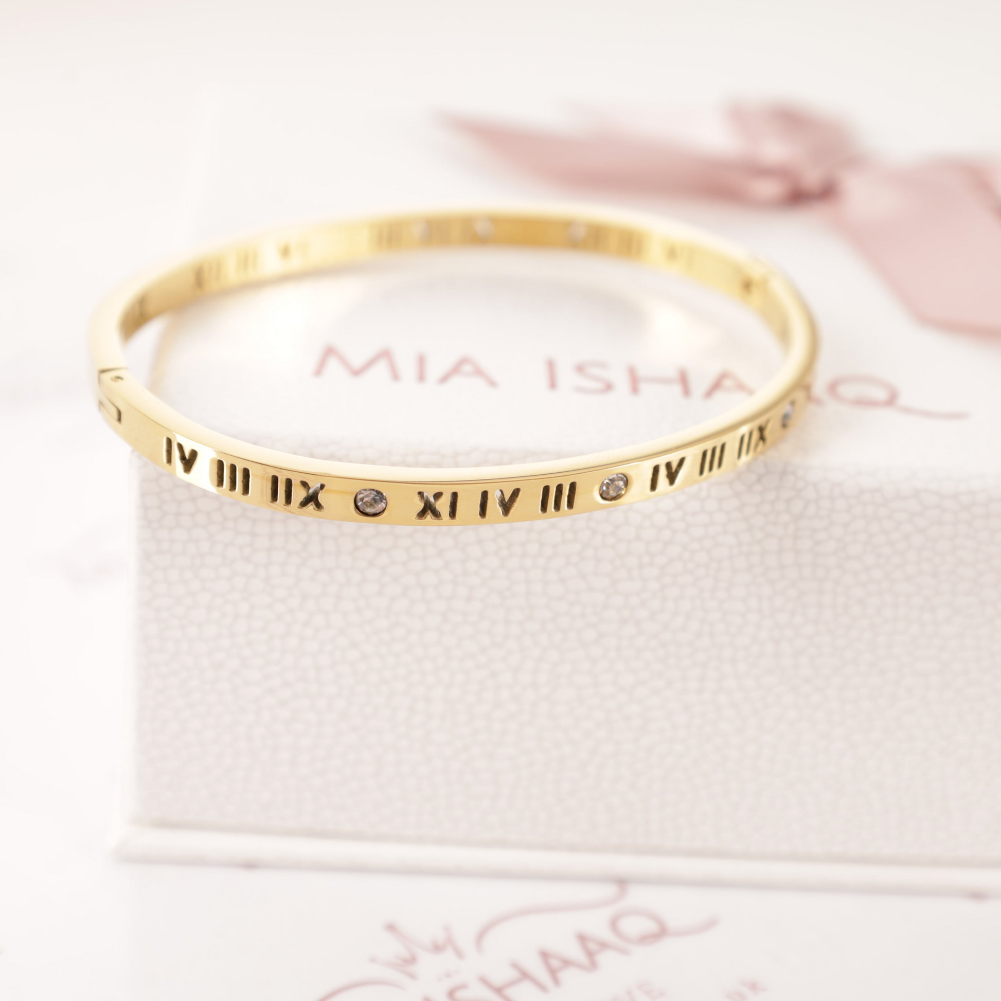 18k gold plated stainless steel roman letter numeral bangle bracelet - Mia Ishaaq