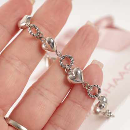 925 Sterling Silver Retro Heart and Link Chain Bracelet for Women and Teens - Mia Ishaaq