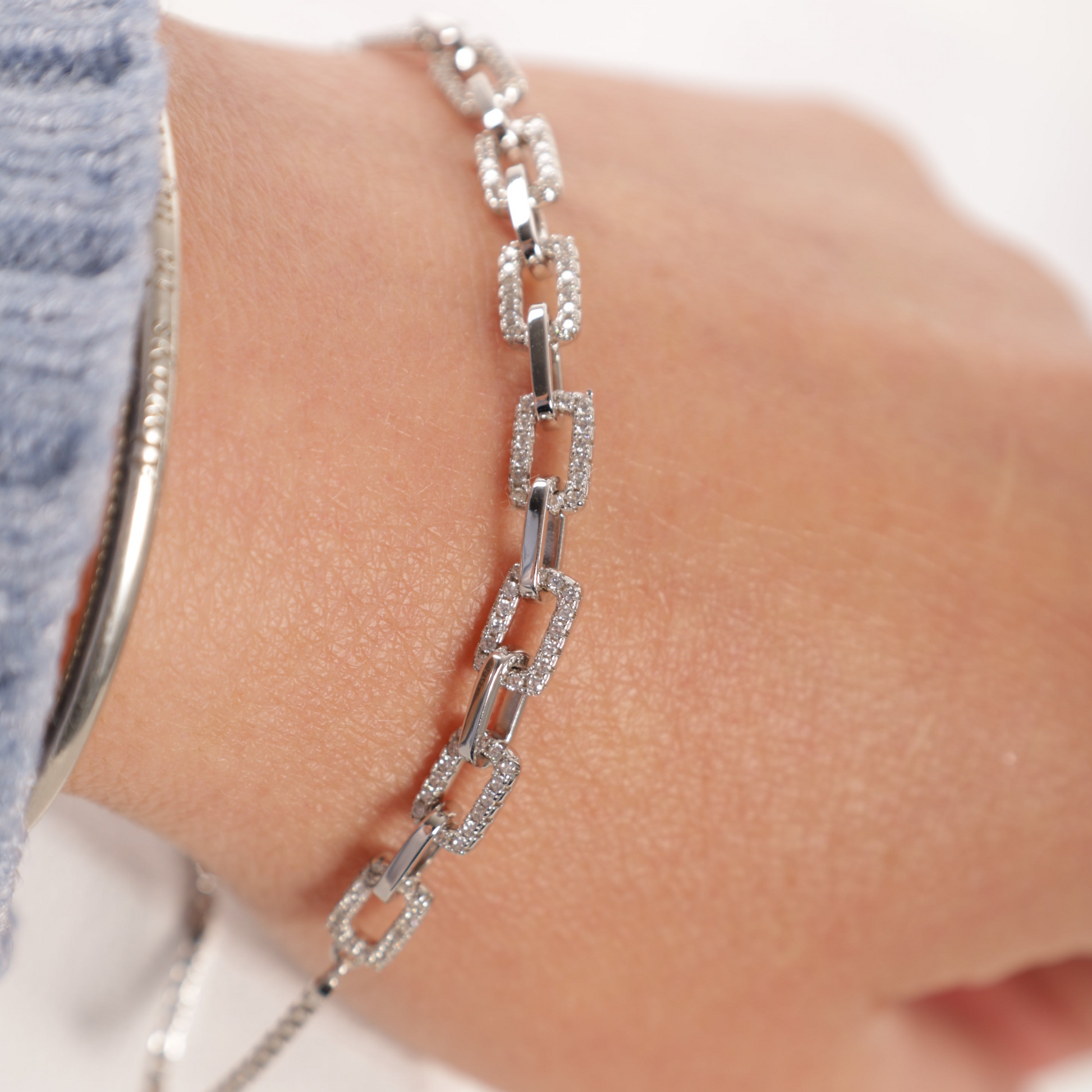 sterling silver link chain slider bracelet with cubic zirconia - Mia Ishaaq