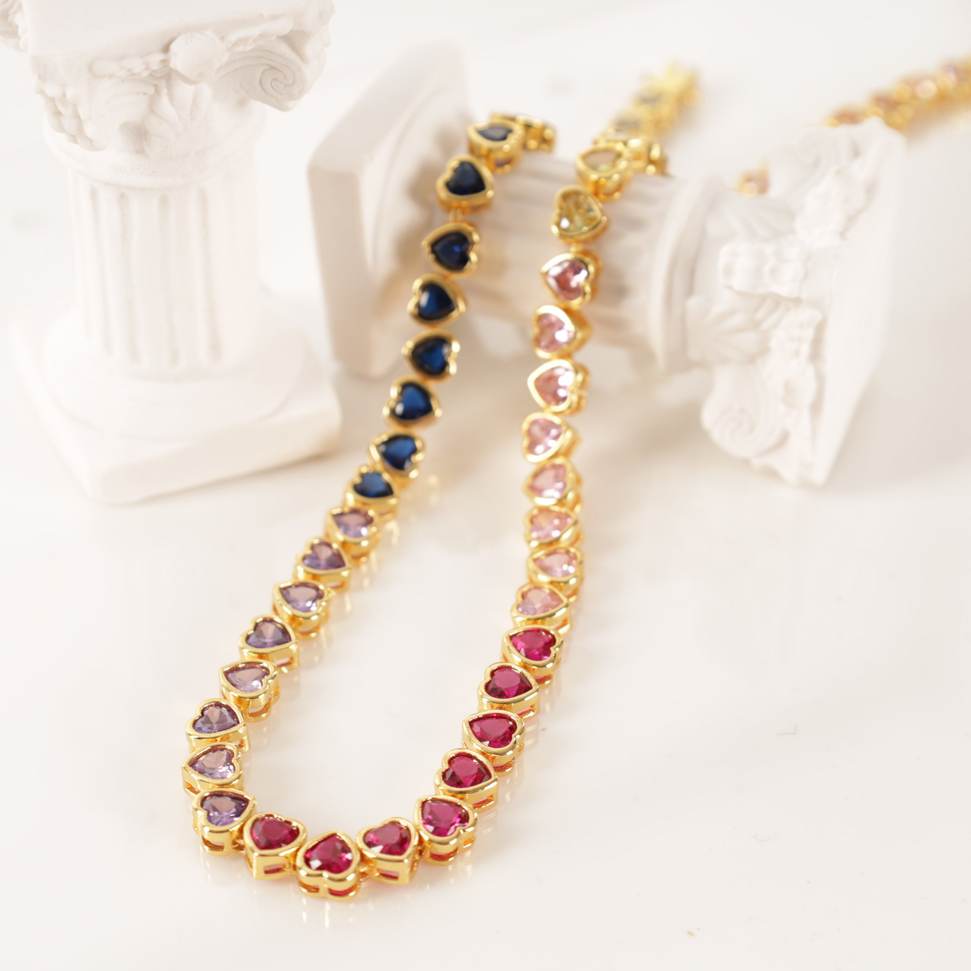 18k gold plated rainbow heart chain tennis necklace - Mia Ishaaq