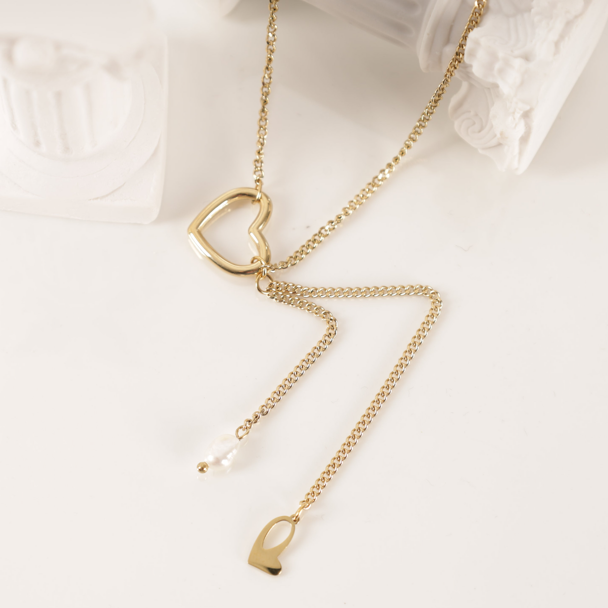 18k gold plated stainless steel heart charm pearl tassel waterproof hypoallergenic necklace - Mia Ishaaq