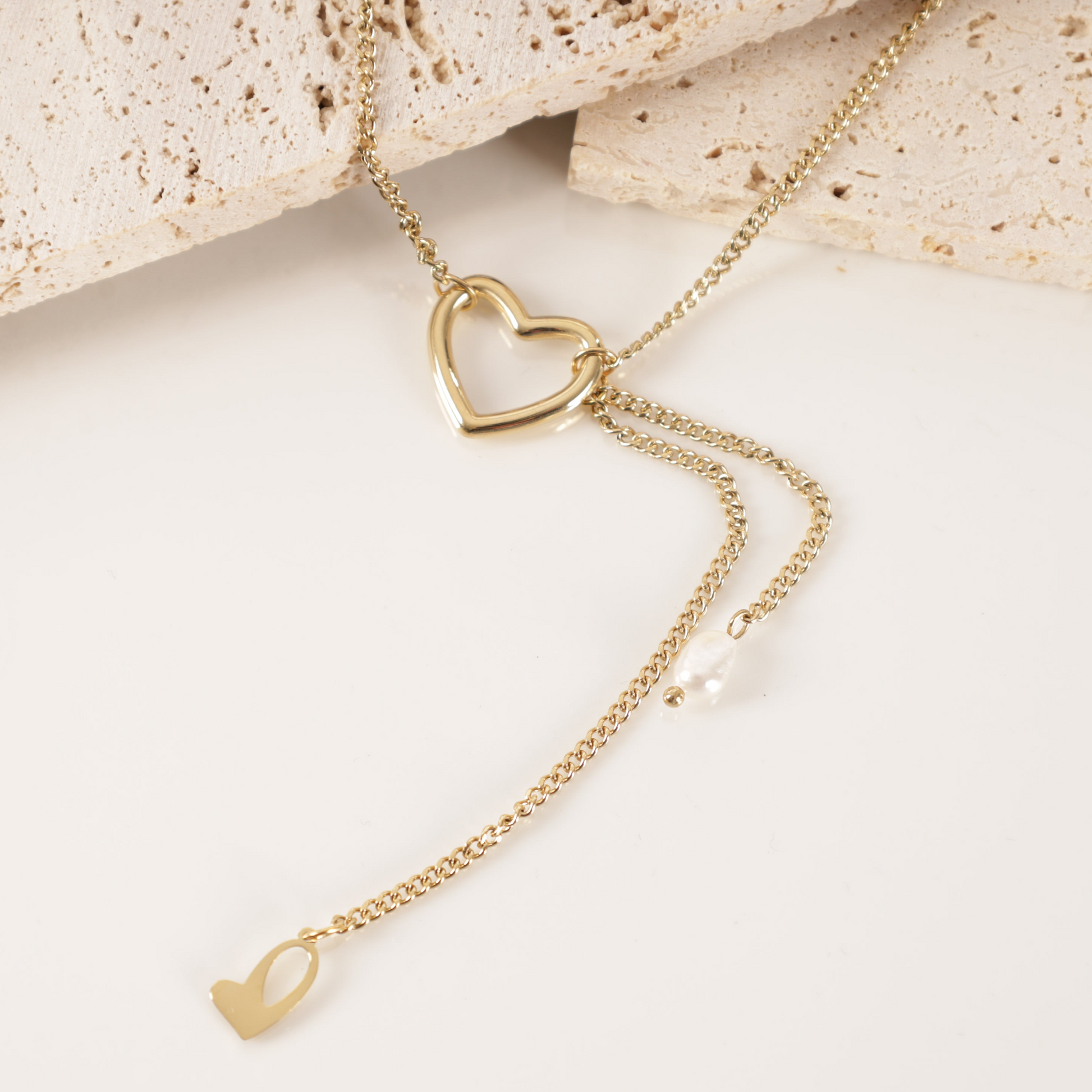 18k gold plated stainless steel heart charm pearl tassel waterproof hypoallergenic necklace - Mia Ishaaq