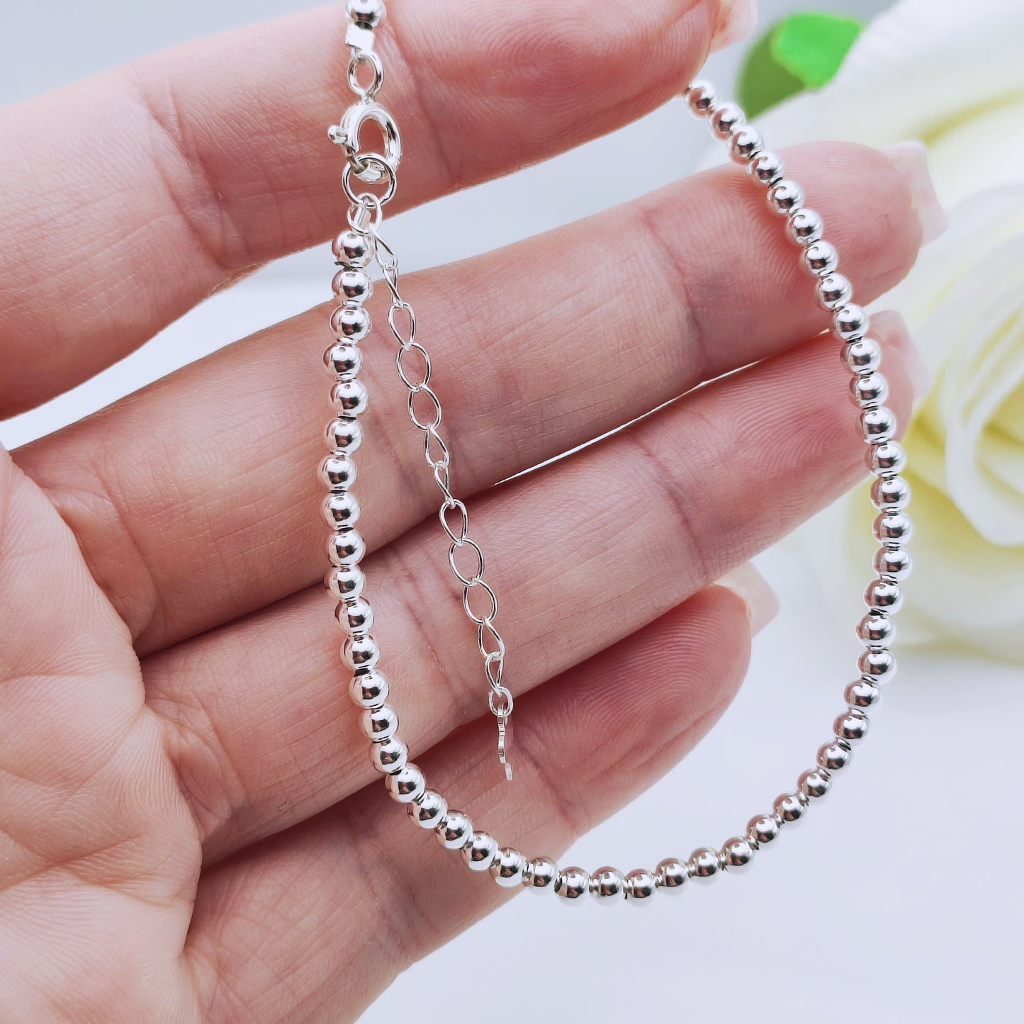 925 sterling silver 3mm beaded bracelet adjustable - Mia Ishaaq