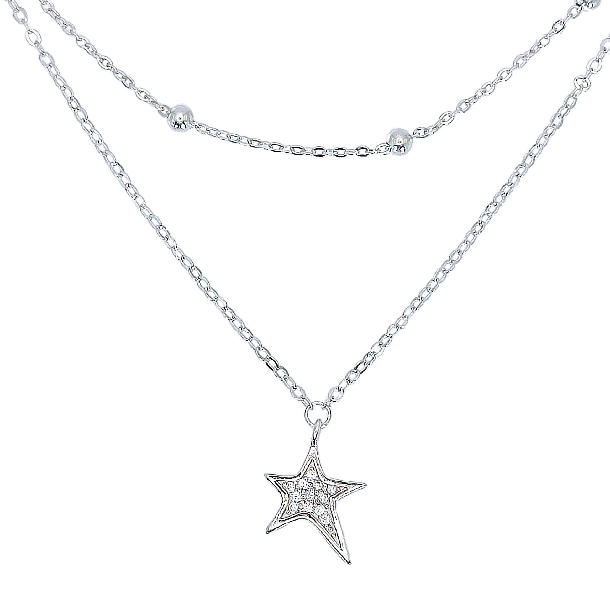 925 Sterling Silver Layered Design Silver Bead and Cubic Zirconia Star Charm Necklace - Mia Ishaaq