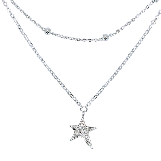 925 Sterling Silver Layered Design Silver Bead and Cubic Zirconia Star Charm Necklace - Mia Ishaaq