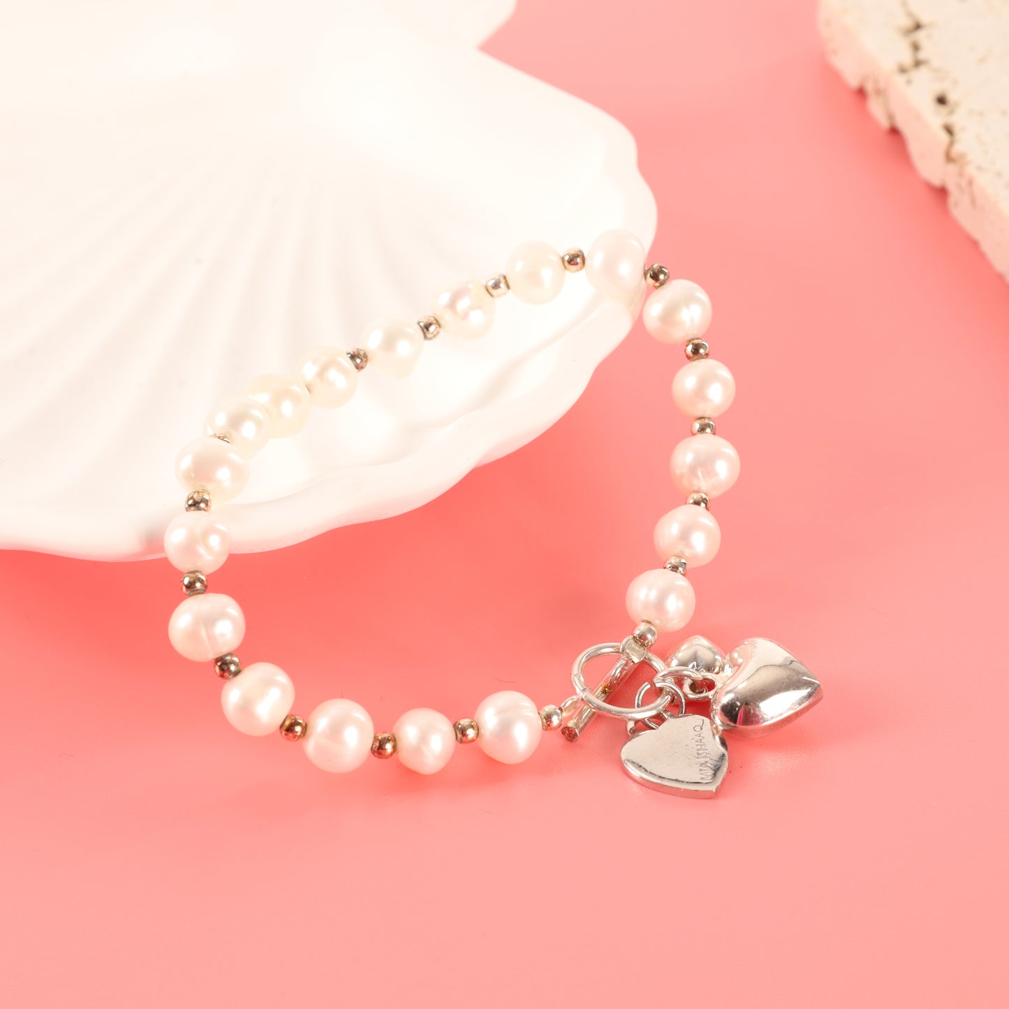 sterling silver luxury freshwater pearl t-bar fastening heart charm bracelet for women - Mia Ishaaq