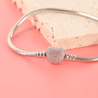 Athenaie Sterling Silver S925 Pave Heart Charm Snake Chain Bracelet 19cm - Mia Ishaaq