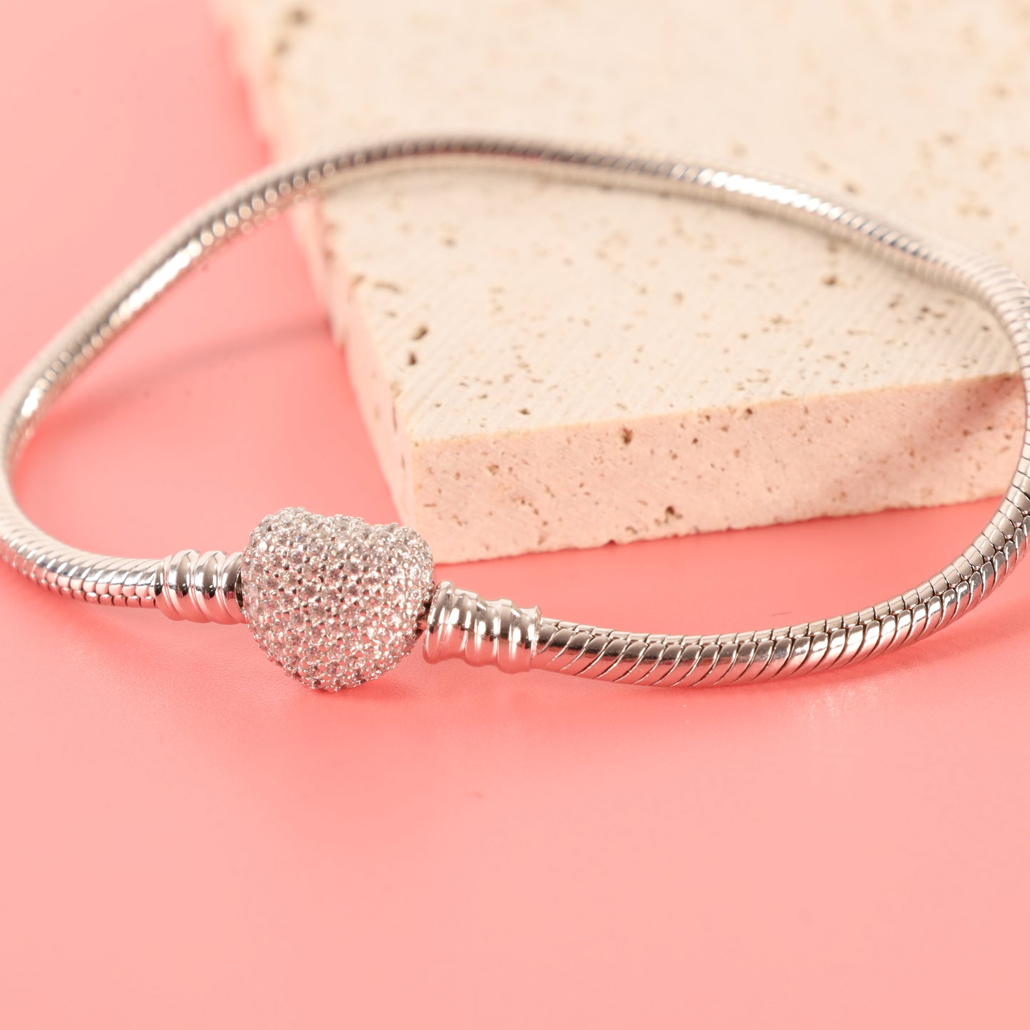 Athenaie Sterling Silver S925 Pave Heart Charm Snake Chain Bracelet 19cm - Mia Ishaaq