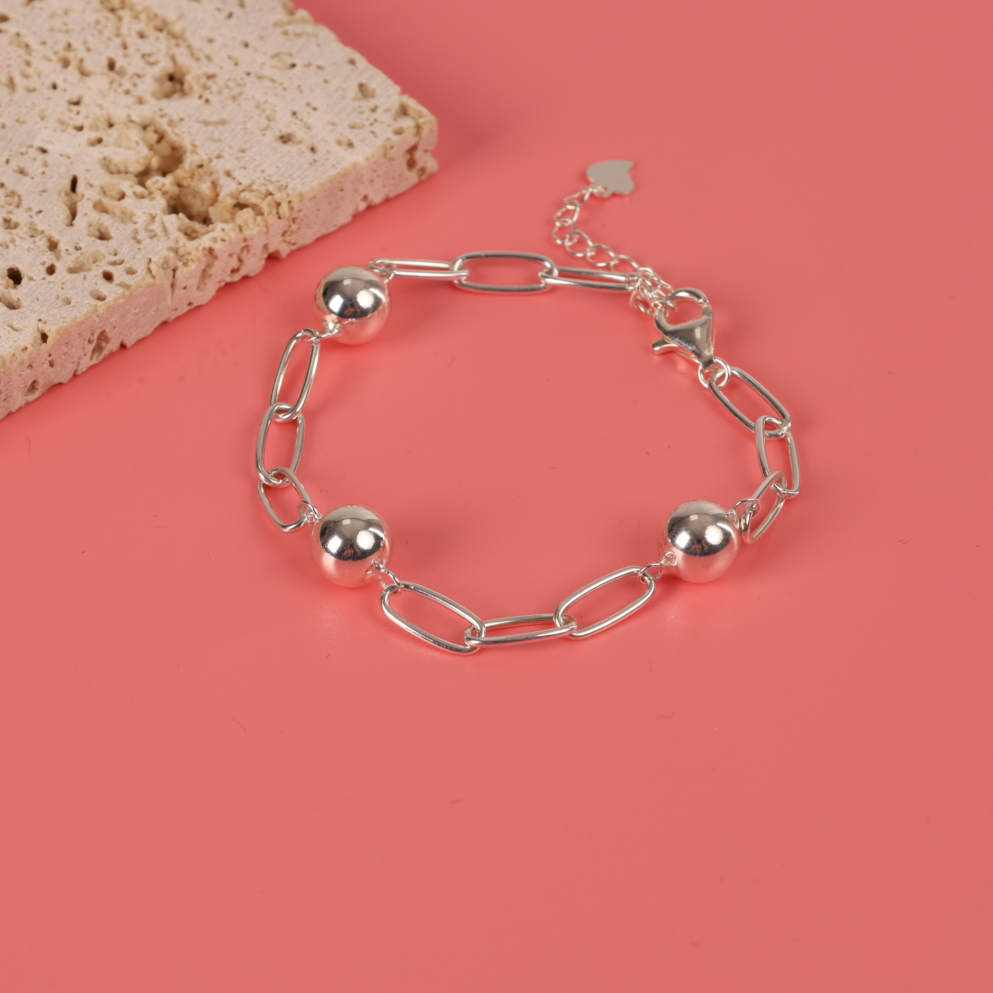 925 sterling silver polished ball charm link chain bracelet - Mia Ishaaq