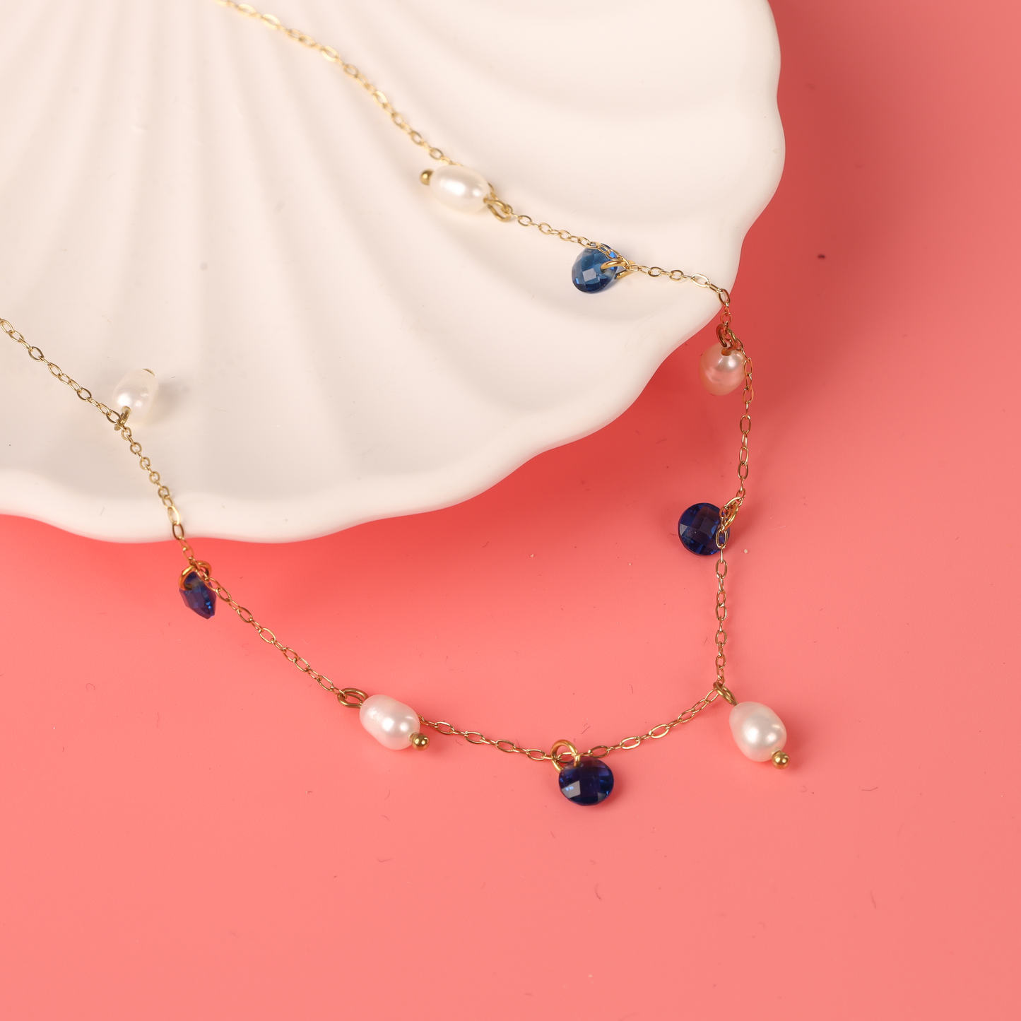 Blue Crystal and Pearl Pendant Necklace