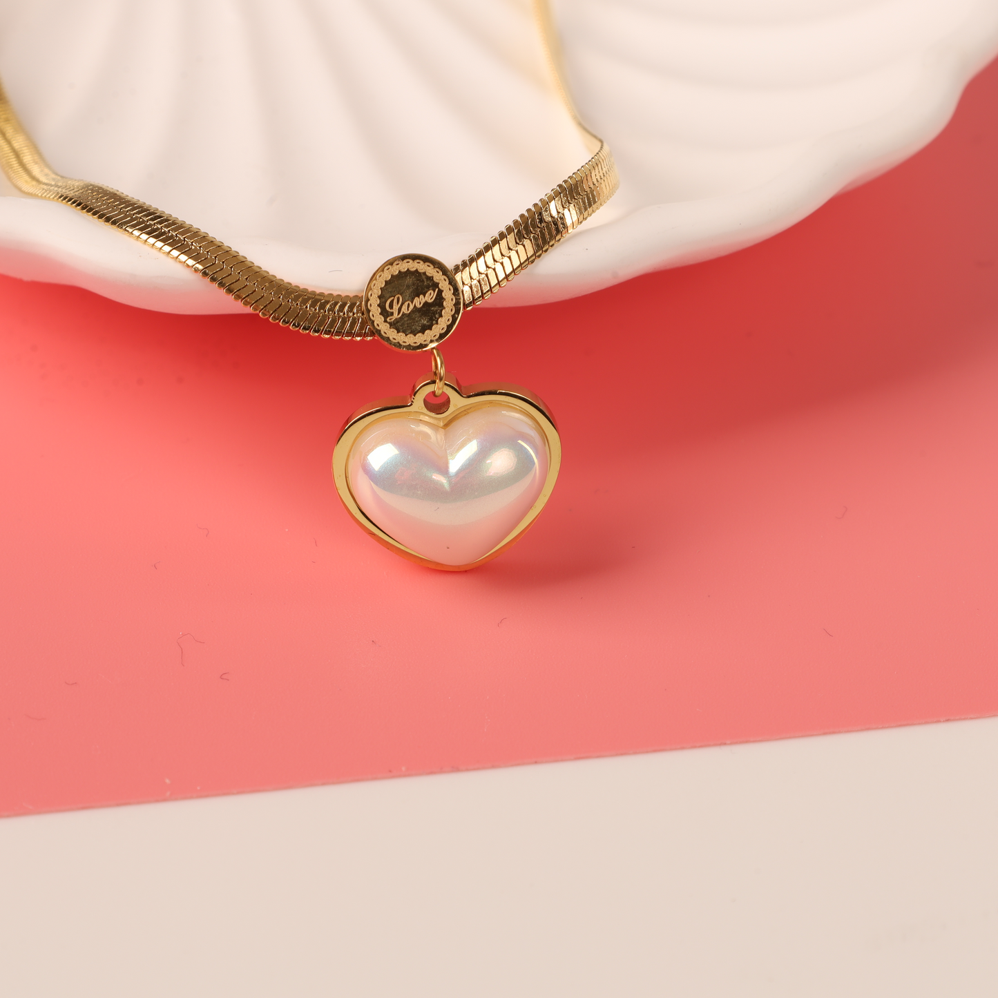 18K Gold Plated Stainless Steel Waterproof Flat Chain Necklace with Iridescent Heart Shape Pendant and Engraved LOVE Message - Mia Ishaaq