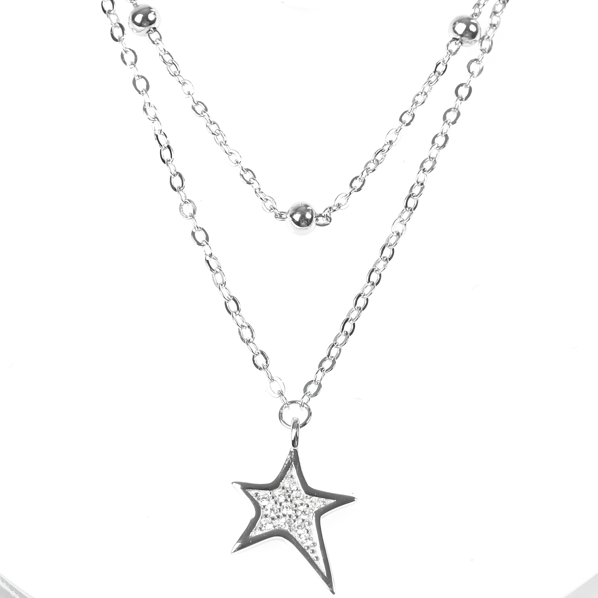 925 Sterling Silver Layered Design Silver Bead and Cubic Zirconia Star Charm Necklace - Mia Ishaaq