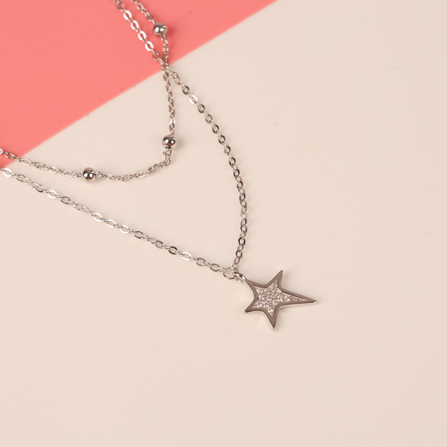 925 Sterling Silver Layered Design Silver Bead and Cubic Zirconia Star Charm Necklace - Mia Ishaaq