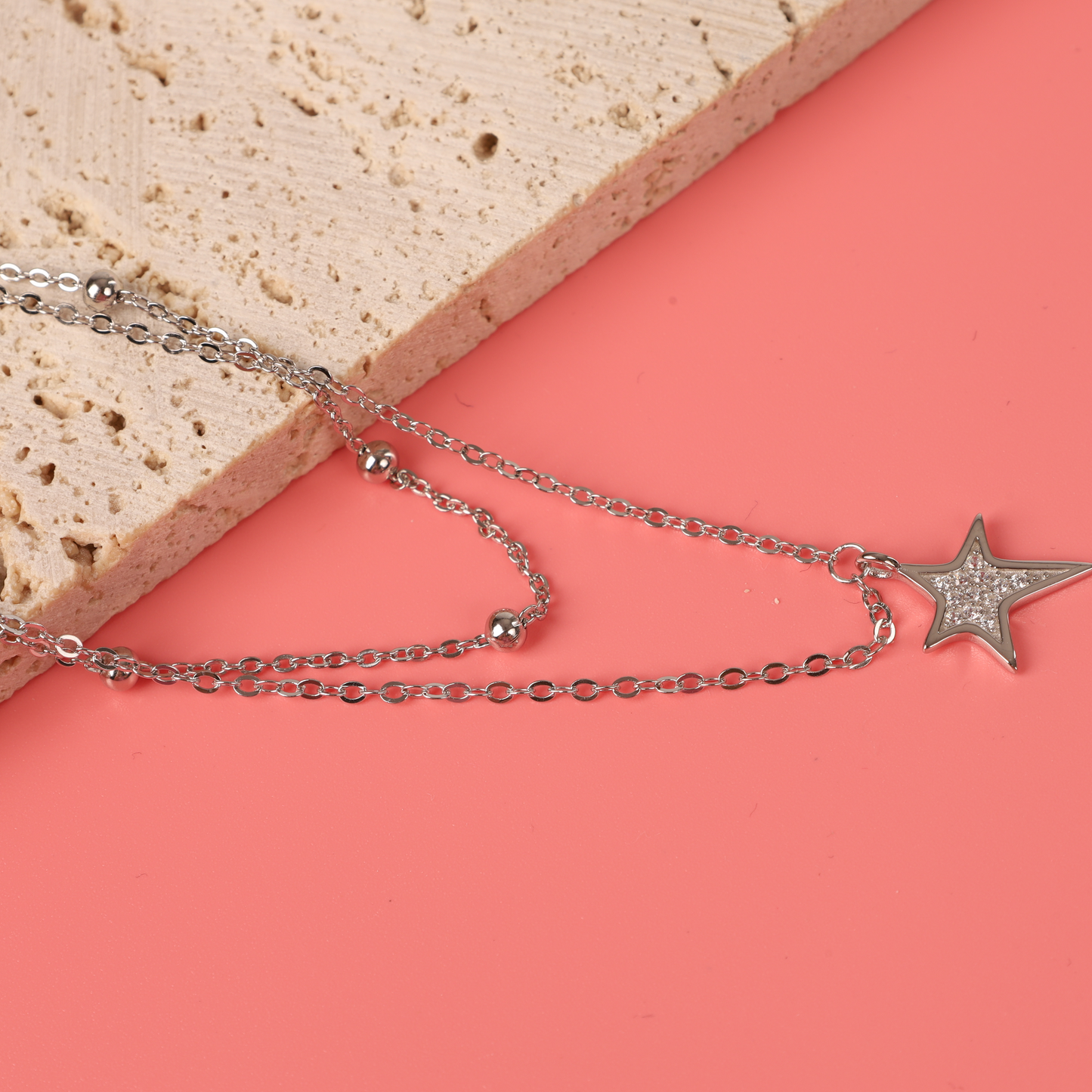 925 Sterling Silver Layered Design Silver Bead and Cubic Zirconia Star Charm Necklace - Mia Ishaaq