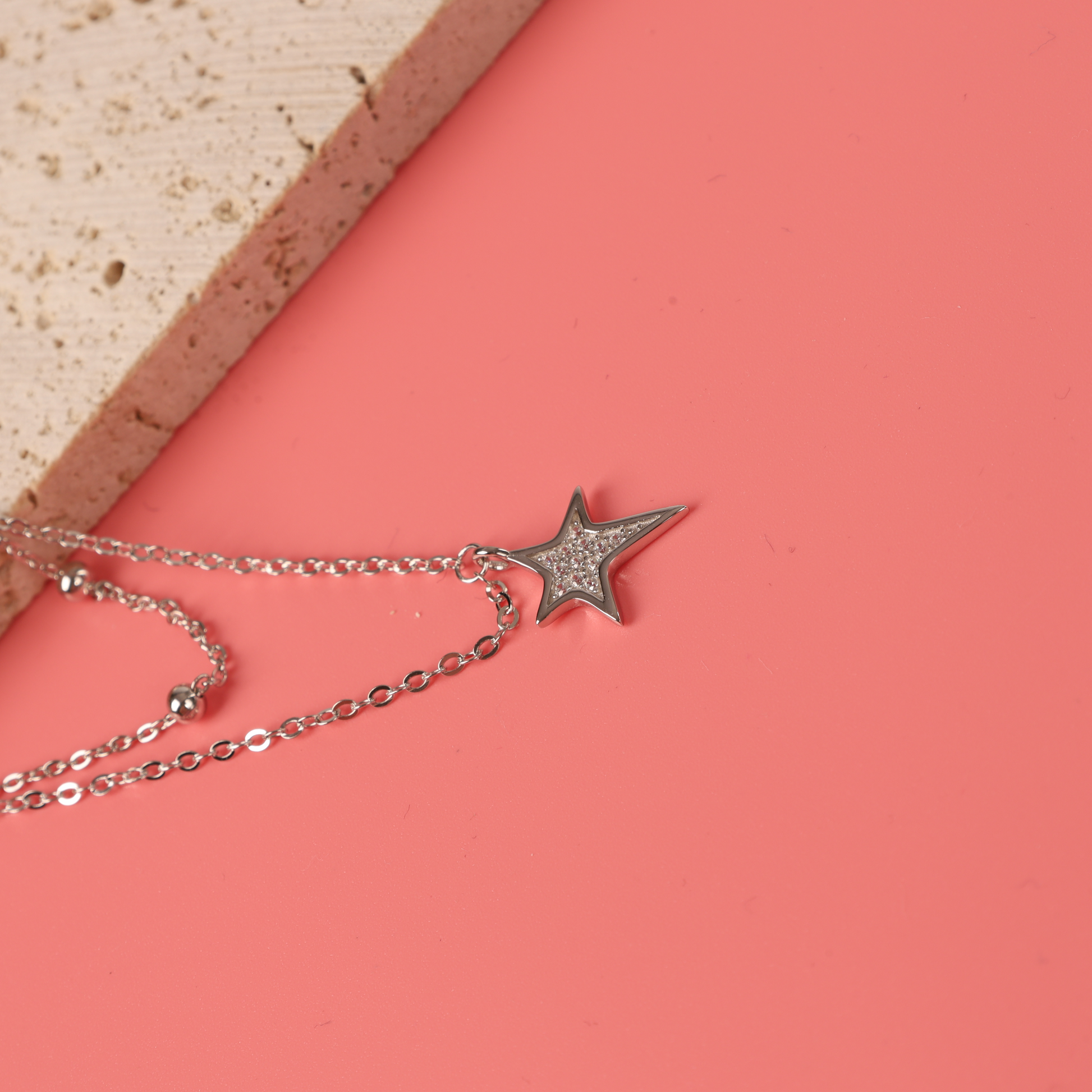 925 Sterling Silver Layered Design Silver Bead and Cubic Zirconia Star Charm Necklace - Mia Ishaaq