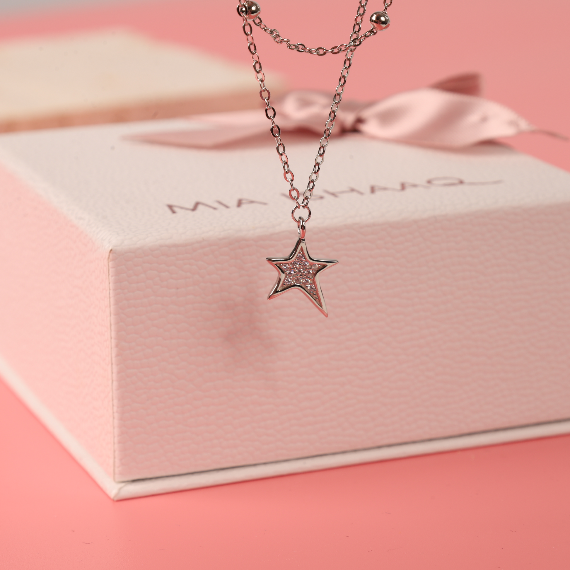 925 Sterling Silver Layered Design Silver Bead and Cubic Zirconia Star Charm Necklace - Mia Ishaaq