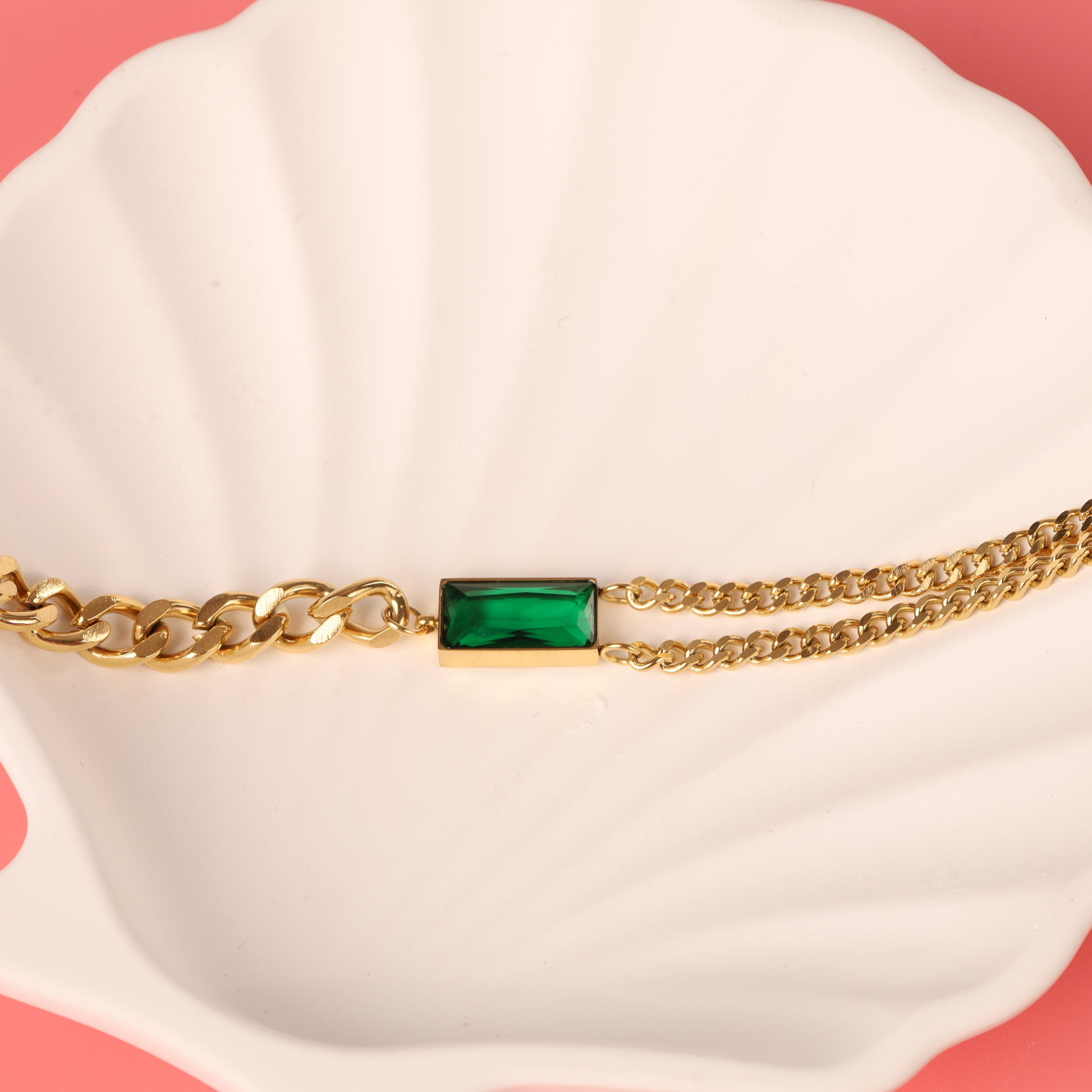 18k gold plated stainless steel vintage green crystal multi chain adjustable bracelet - Mia Ishaaq