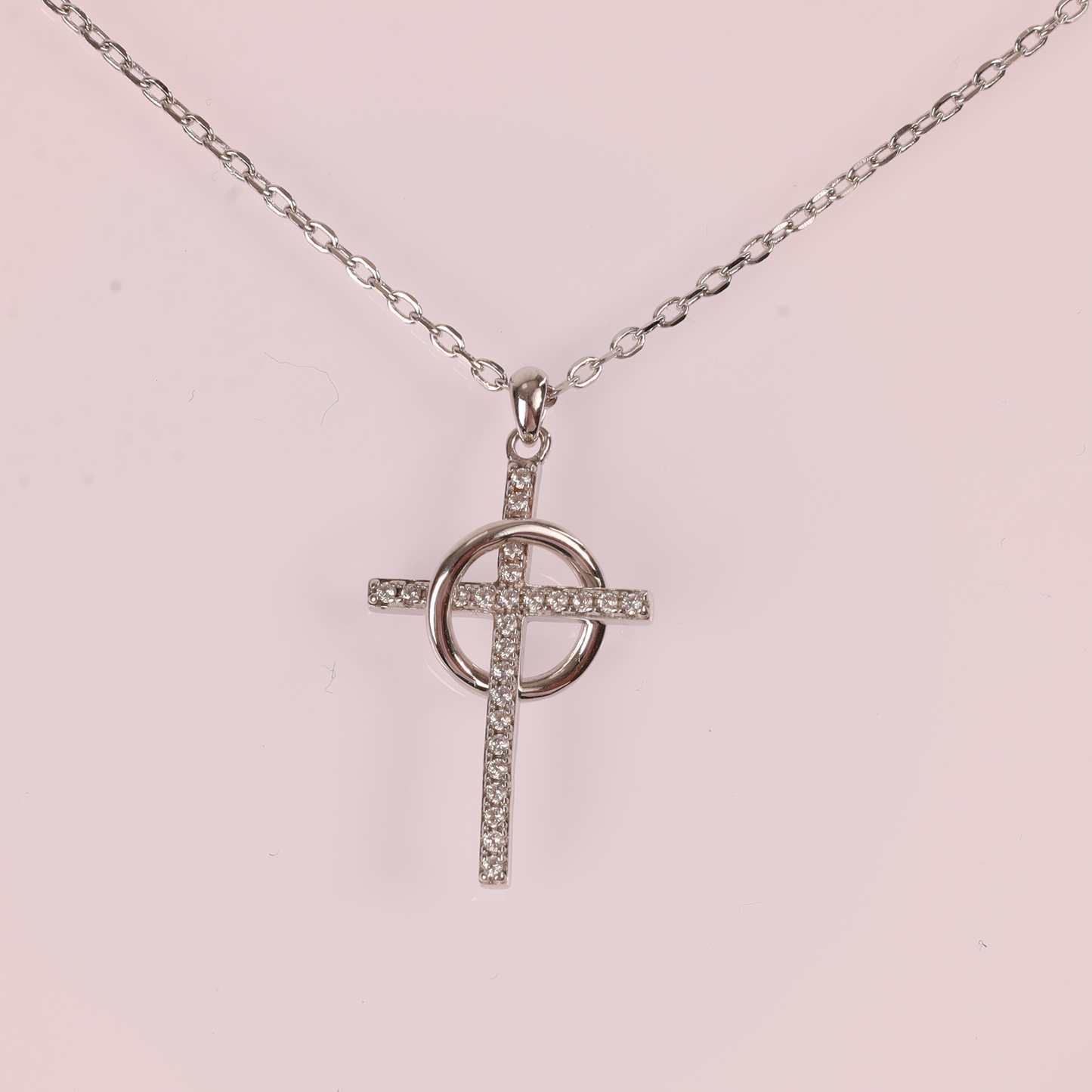 Sterling Silver Cubic Zirconia Cross Pendant with Ring Around the Center and 45cm link chain pendant necklace - Mia Ishaaq