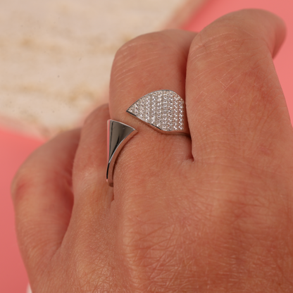 Side view of the Arrow of Elegance Ring, emphasizing the cubic zirconia embellishment and the ring's adjustable fit for maximum comfort - Mia Ishaaq