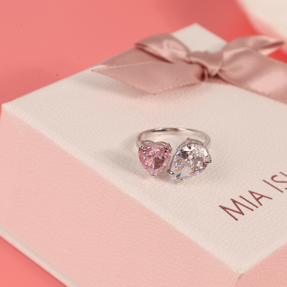 Sterling Silver Radiant Duo Pink Heart Shape Cubic Zirconia Adjustable Ring - Mia Ishaaq