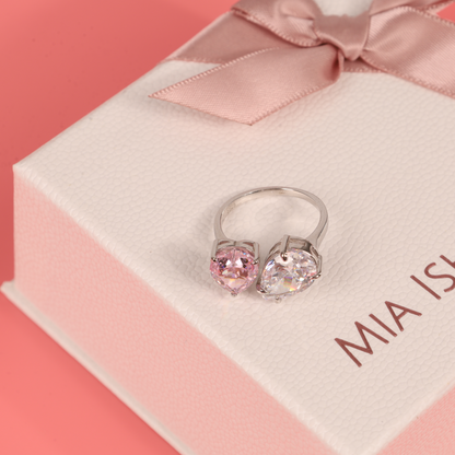 Sterling Silver Radiant Duo Pink Heart Shape Cubic Zirconia Adjustable Ring - Mia Ishaaq