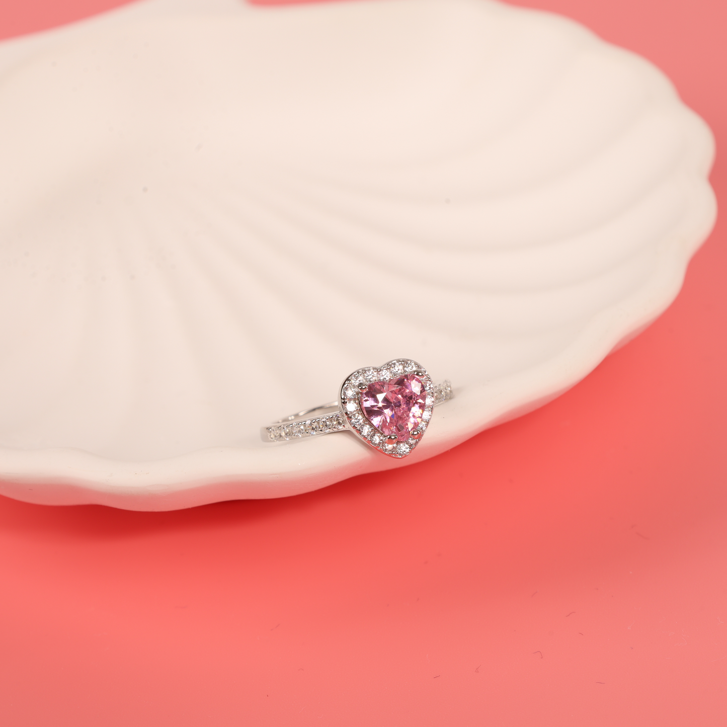 Sterling silver white gold plated pink heart shape cubic zirconia halo engagement promise ring - Mia Ishaaq