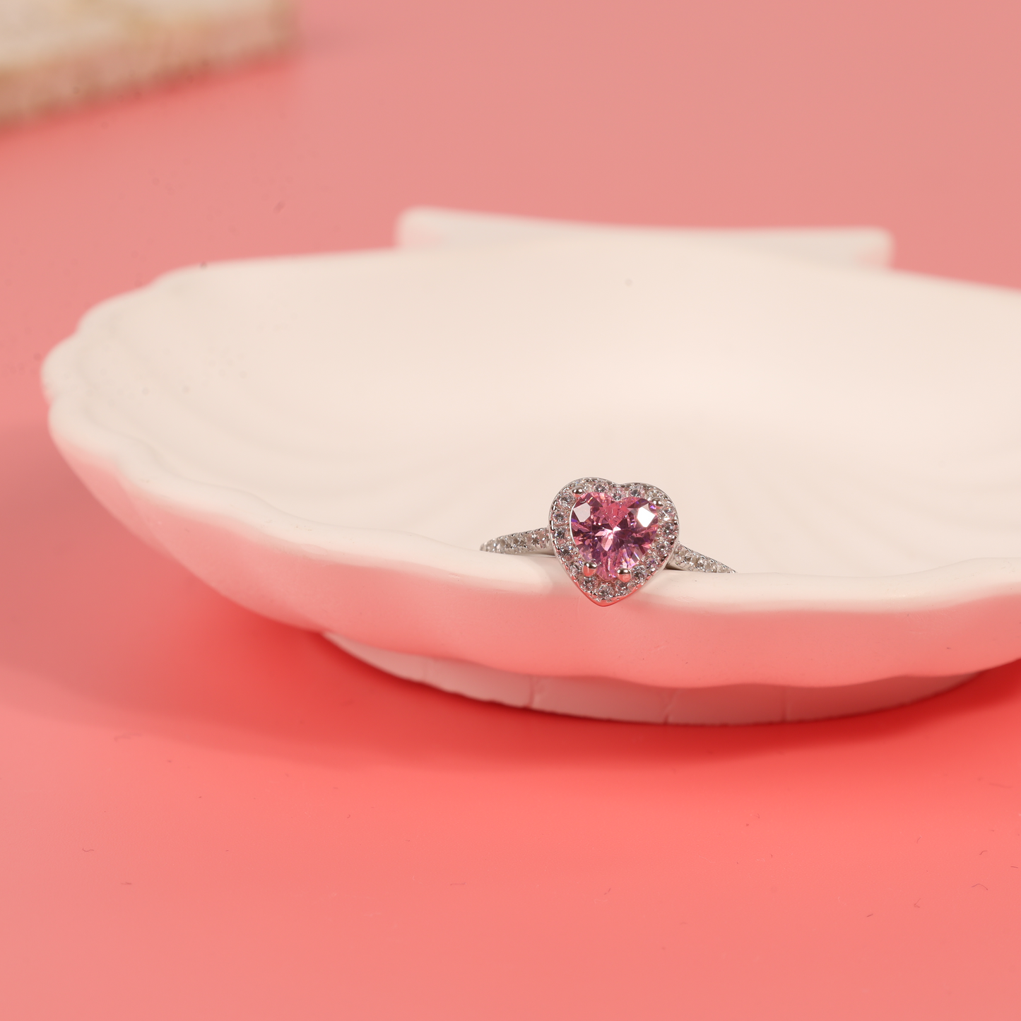 Sterling silver white gold plated pink heart shape cubic zirconia halo engagement promise ring - Mia Ishaaq