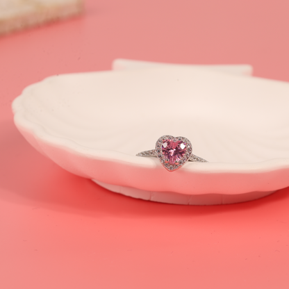 Sterling silver white gold plated pink heart shape cubic zirconia halo engagement promise ring - Mia Ishaaq