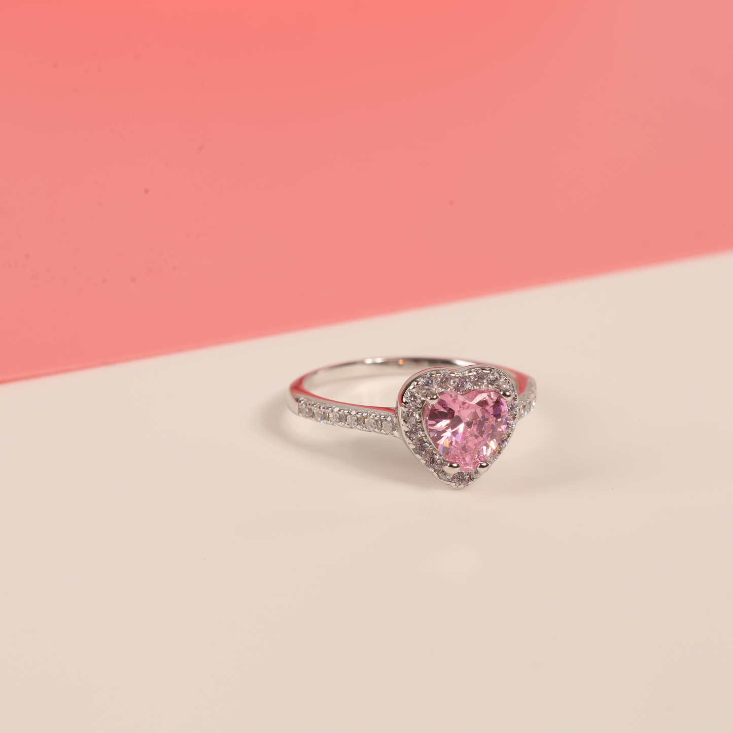 Sterling silver white gold plated pink heart shape cubic zirconia halo engagement promise ring - Mia Ishaaq