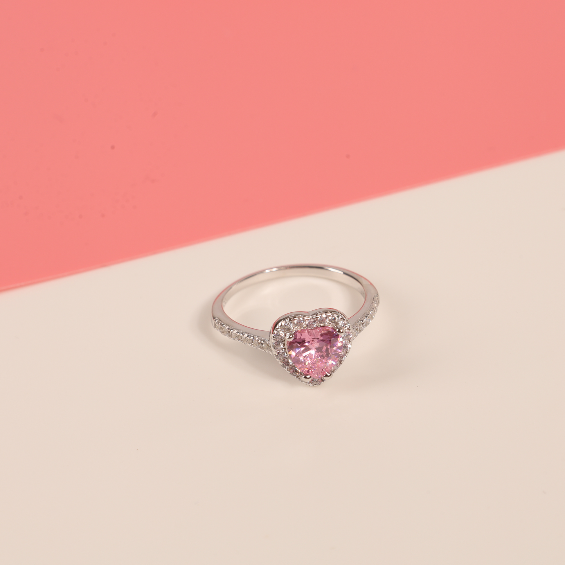 Sterling silver white gold plated pink heart shape cubic zirconia halo engagement promise ring - Mia Ishaaq