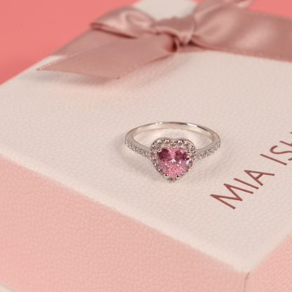 Sterling silver white gold plated pink heart shape cubic zirconia halo engagement promise ring - Mia Ishaaq