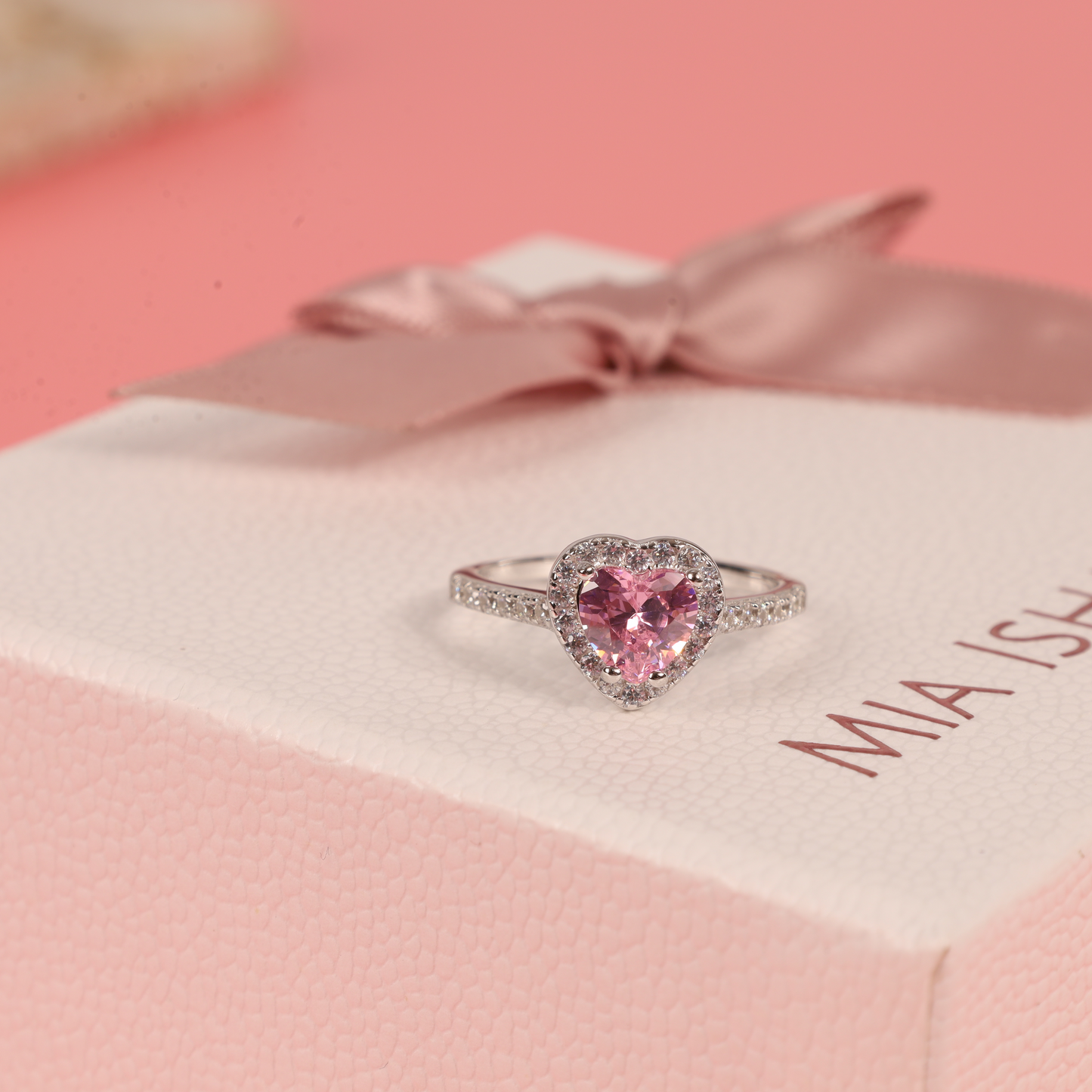 Sterling silver white gold plated pink heart shape cubic zirconia halo engagement promise ring - Mia Ishaaq