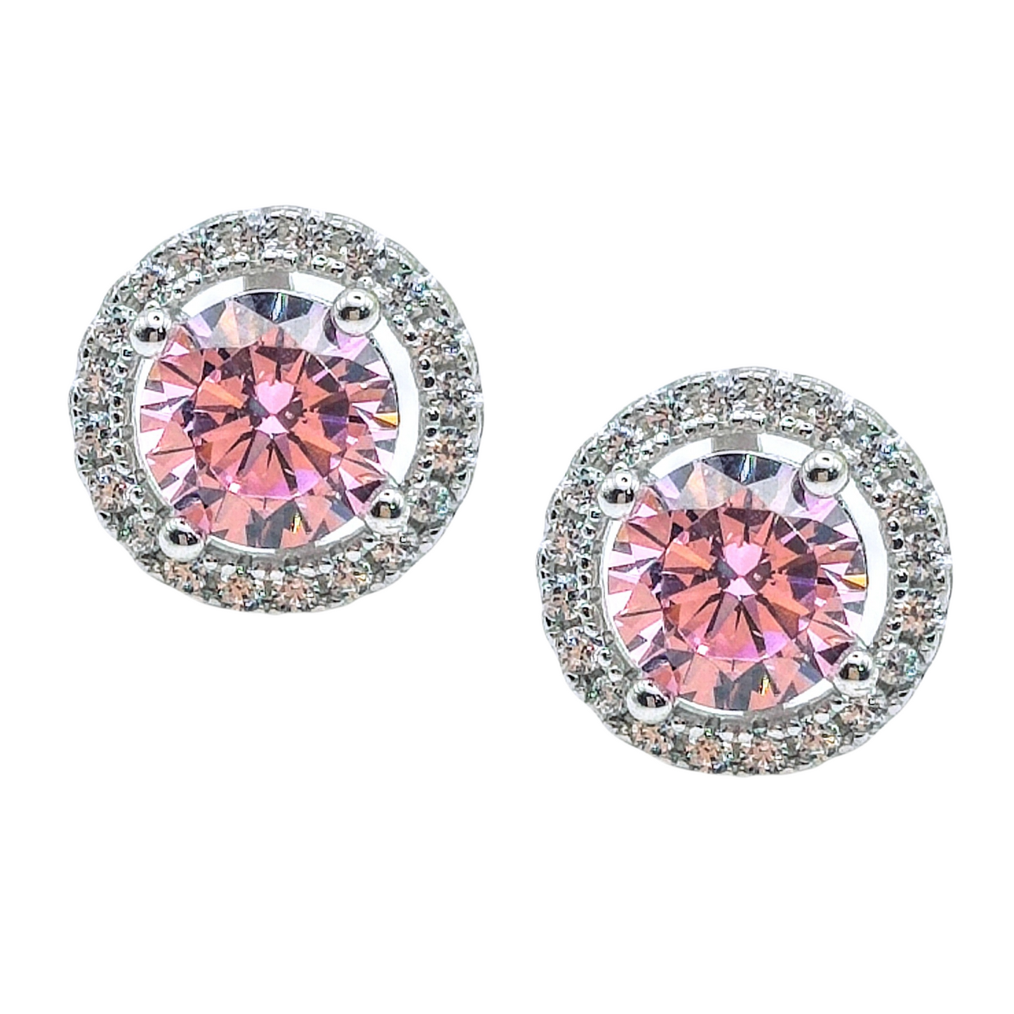 Mia Ishaaq's 925 Sterling Silver PINK CZ Stud Earrings showcase striking pink gemstones set against a white base, beautifully encircled by smaller clear cubic zirconia stones.