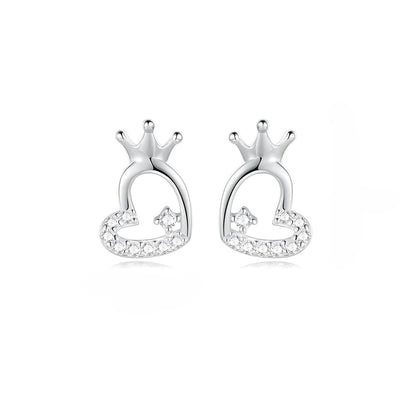 Sterling silver cubic zirconia Heart shape stud earrings with crown - Mia Ishaaq