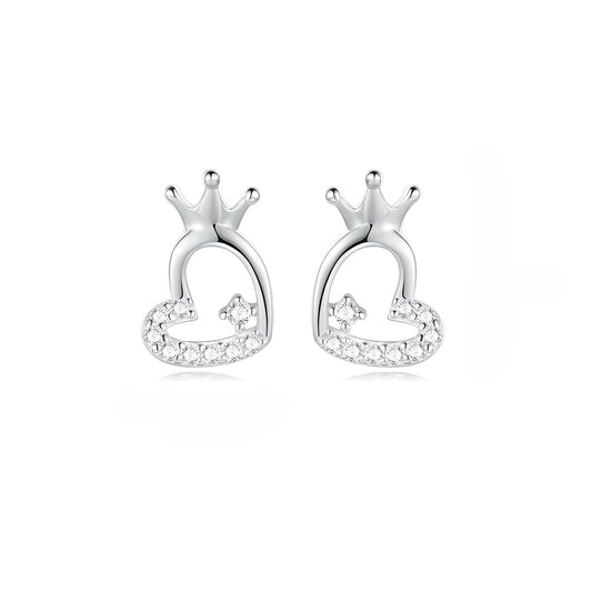 Sterling silver cubic zirconia Heart shape stud earrings with crown - Mia Ishaaq