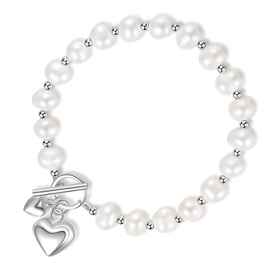 sterling silver luxury freshwater pearl t-bar fastening heart charm bracelet - Mia Ishaaq