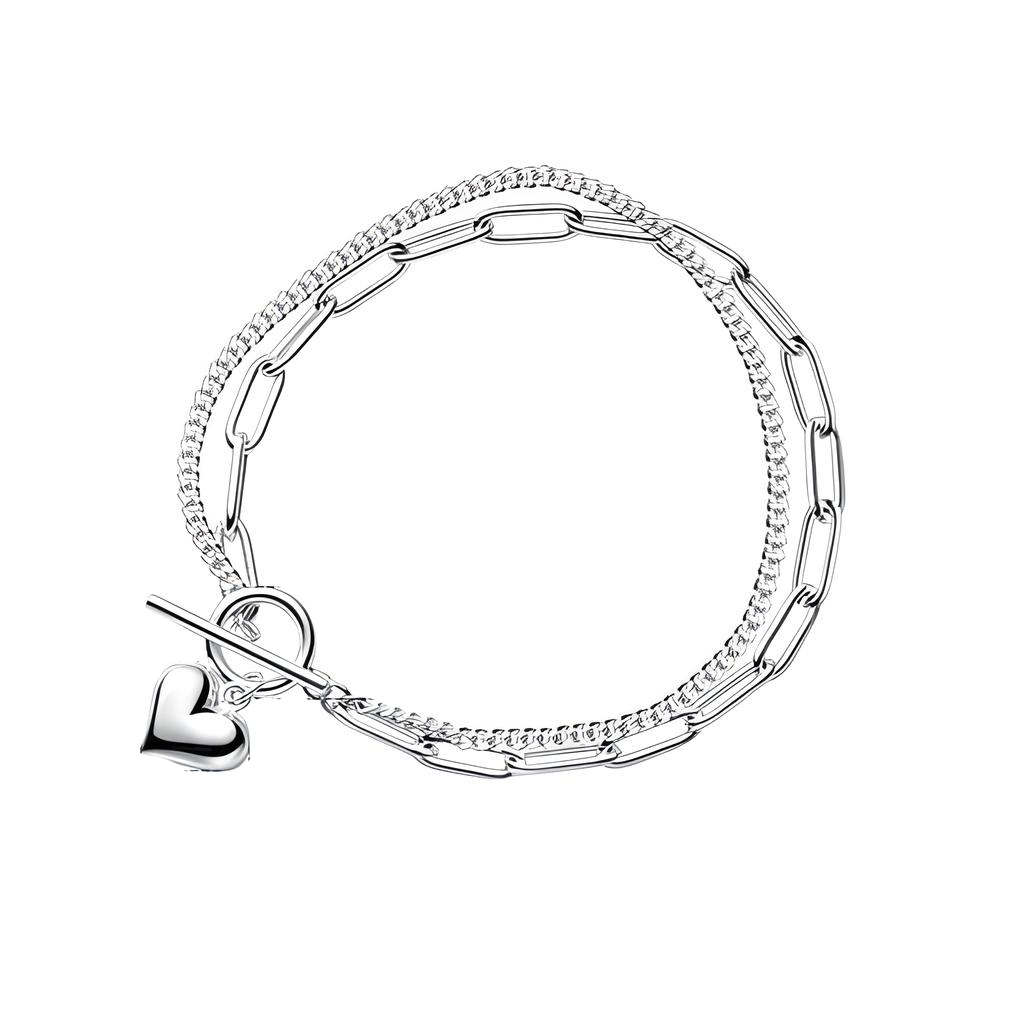 Sterling Silver Double Chain Heart Tag T-Bar Bracelet - Mia Ishaaq