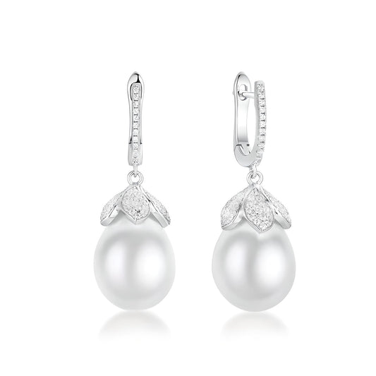 Sterling silver cubic zirconia shell pearl large drop earrings - Mia Ishaaq