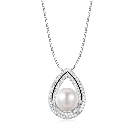 Sterling Silver Clear Cubic Zirconia Pearl Centerpiece Necklace - Mia Ishaaq