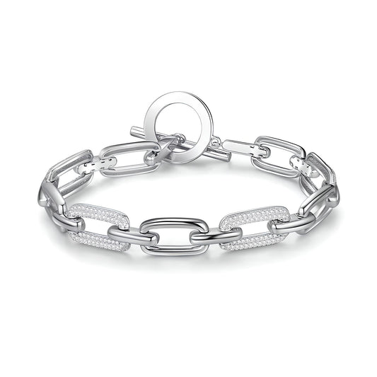 Sterling Silver Cuban Chain Link Cubic Zirconia T-bar Fastening Bracelet - Mia Ishaaq