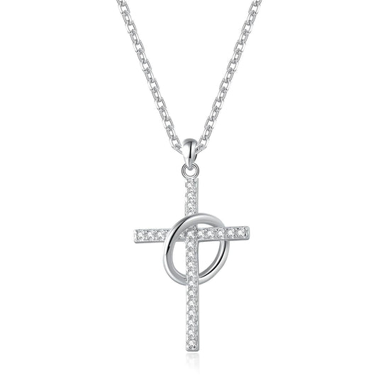 Sterling Silver Cubic Zirconia Cross Pendant with Ring Around the Center and 45cm link chain necklace - Mia Ishaaq