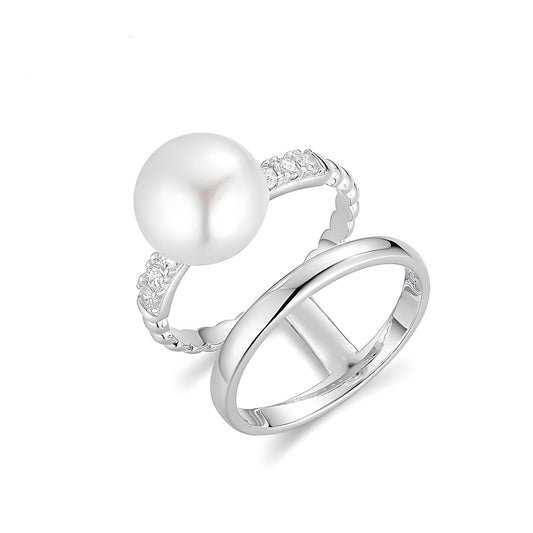 925 sterling silver double circle crystal freshwater pearl ring - Mia Ishaaq