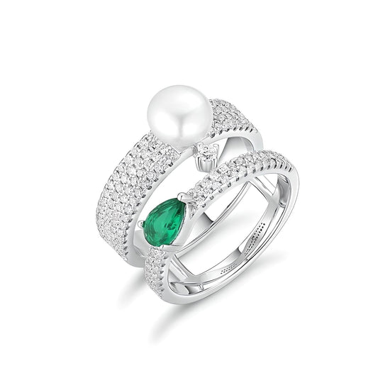 Sterling Silver Green and Clear Cubic Zirconia Freshwater Pearl Ring - Mia Ishaaq