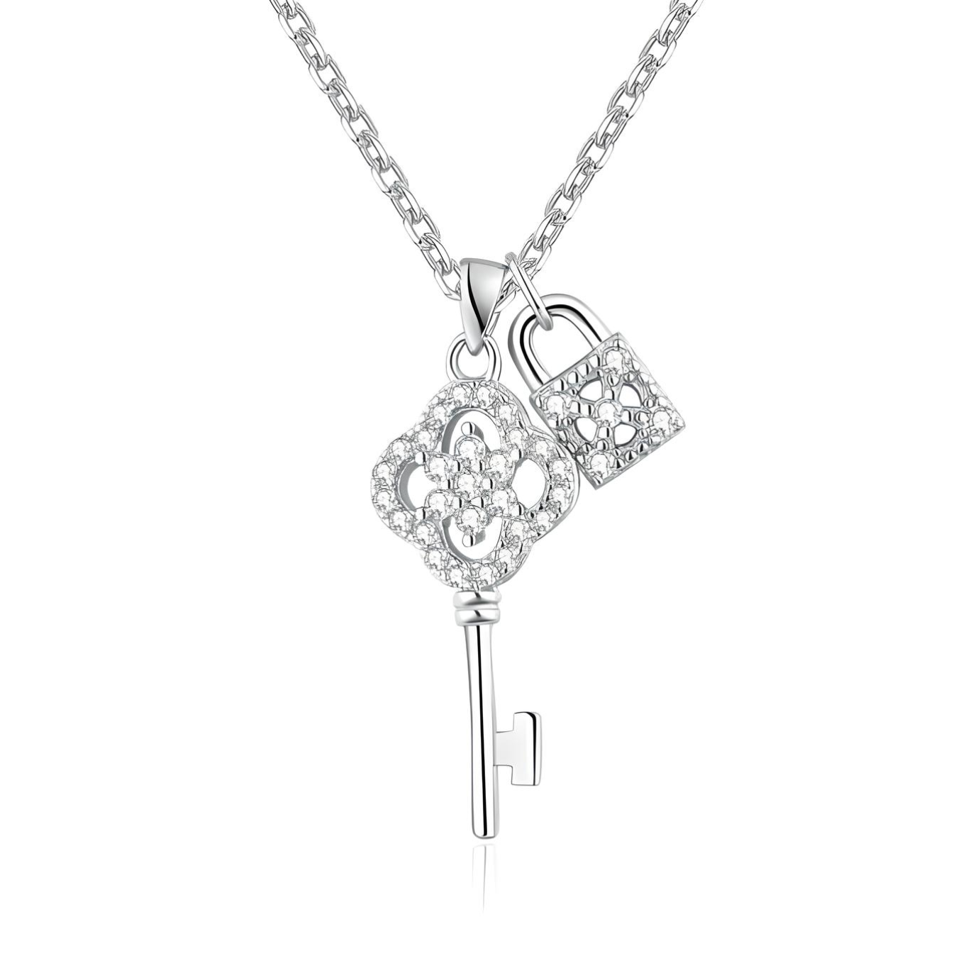 Sterling Silver Paddle Lock and Key Cubic Zirconia Pendant with 45cm Chain NEcklace - Mia Ishaaq