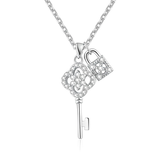 Sterling Silver Paddle Lock and Key Cubic Zirconia Pendant with 45cm Chain NEcklace - Mia Ishaaq