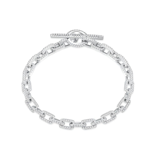 Sterling silver Cubic zirconia t-bar fastening link chain bracelet - Mia Ishaaq