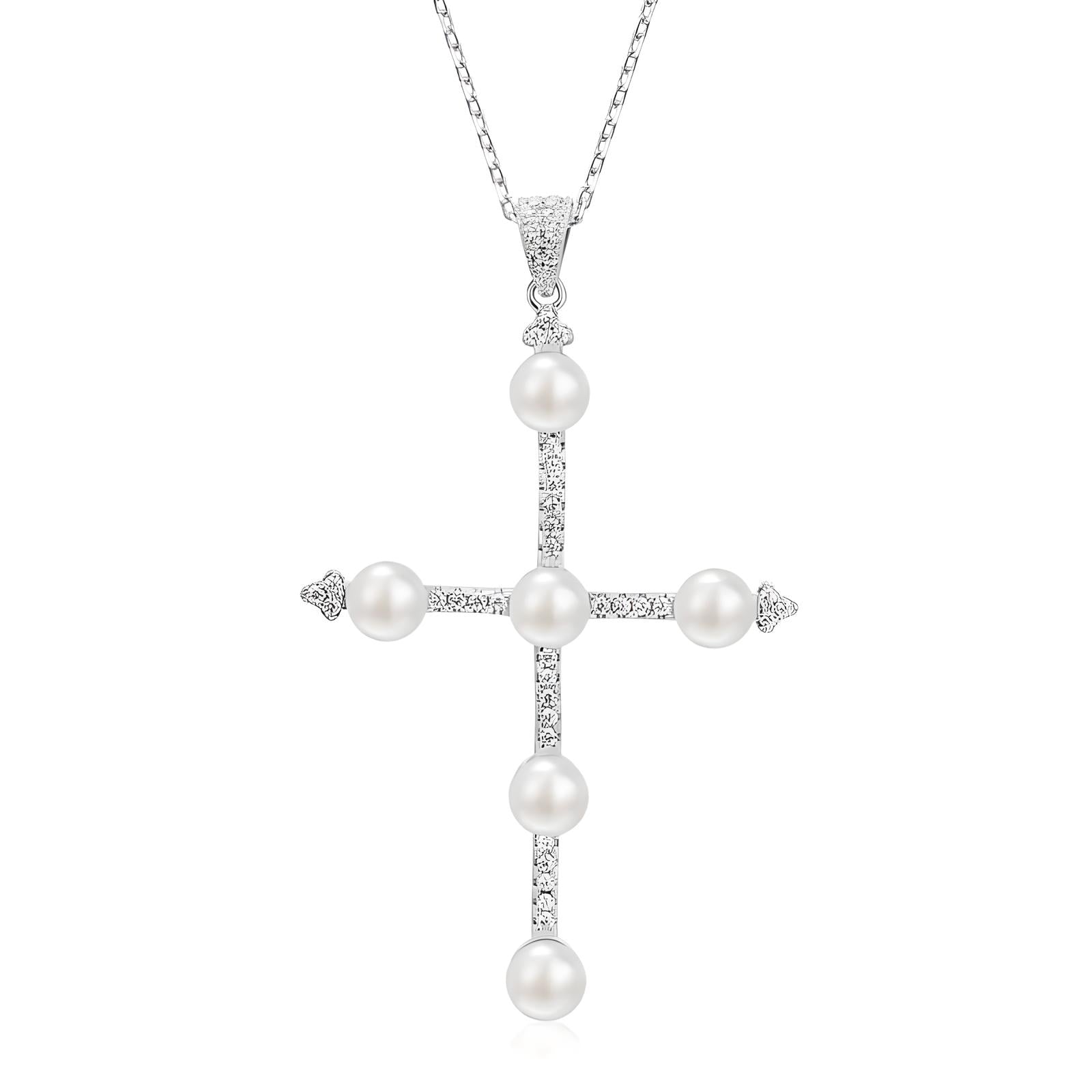 Sterling Silver Natural Freshwater Pearl Cross Design Pendant Necklace - Mia Ishaaq